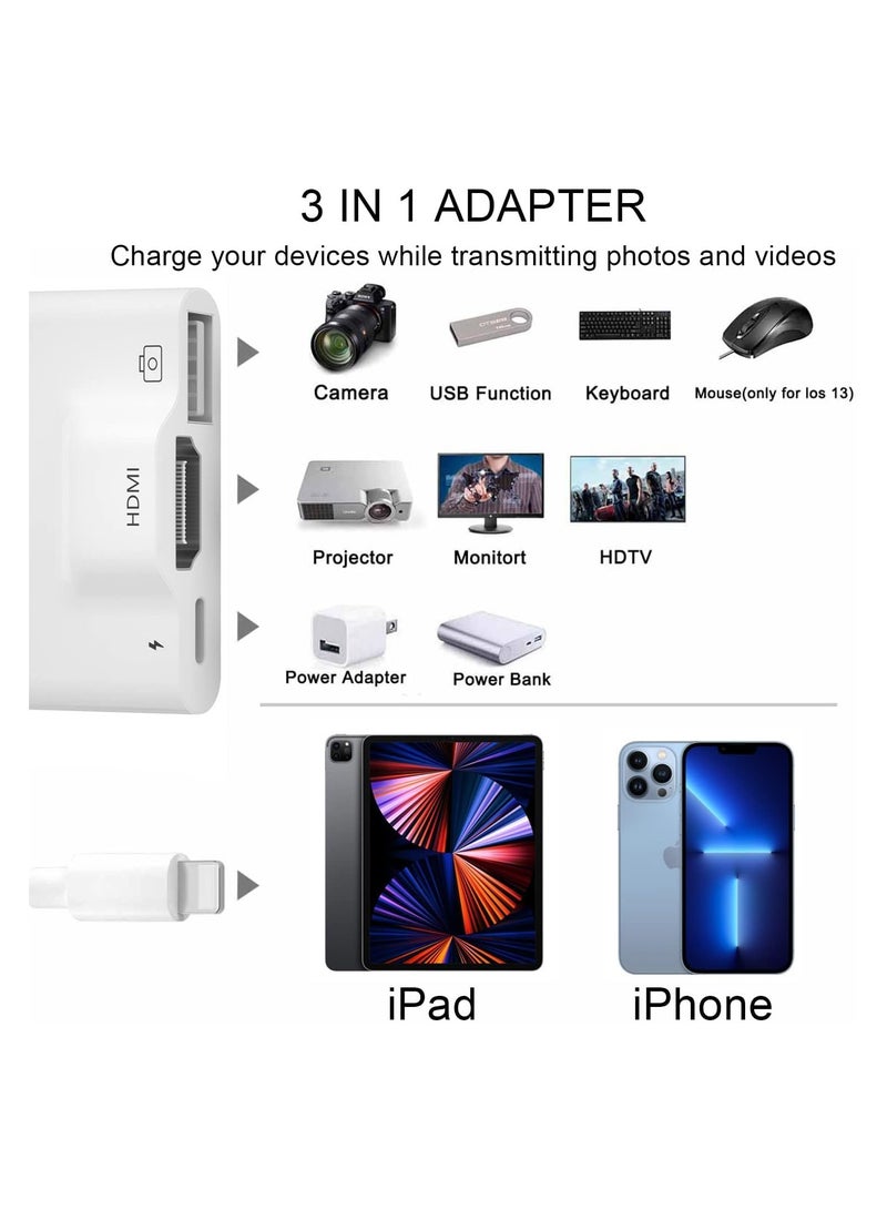 محول كاميرا Lightning إلى USB HDMI مع منفذ طاقة 3 في 1 كابل OTG متوافق مع iPhone 12 11 X 8 7 iPad 1080P شاشة AV الرقمية وجهاز عرض ولوحة مفاتيح وماوس MIDI Rj45 9.2-14 + - Image 3